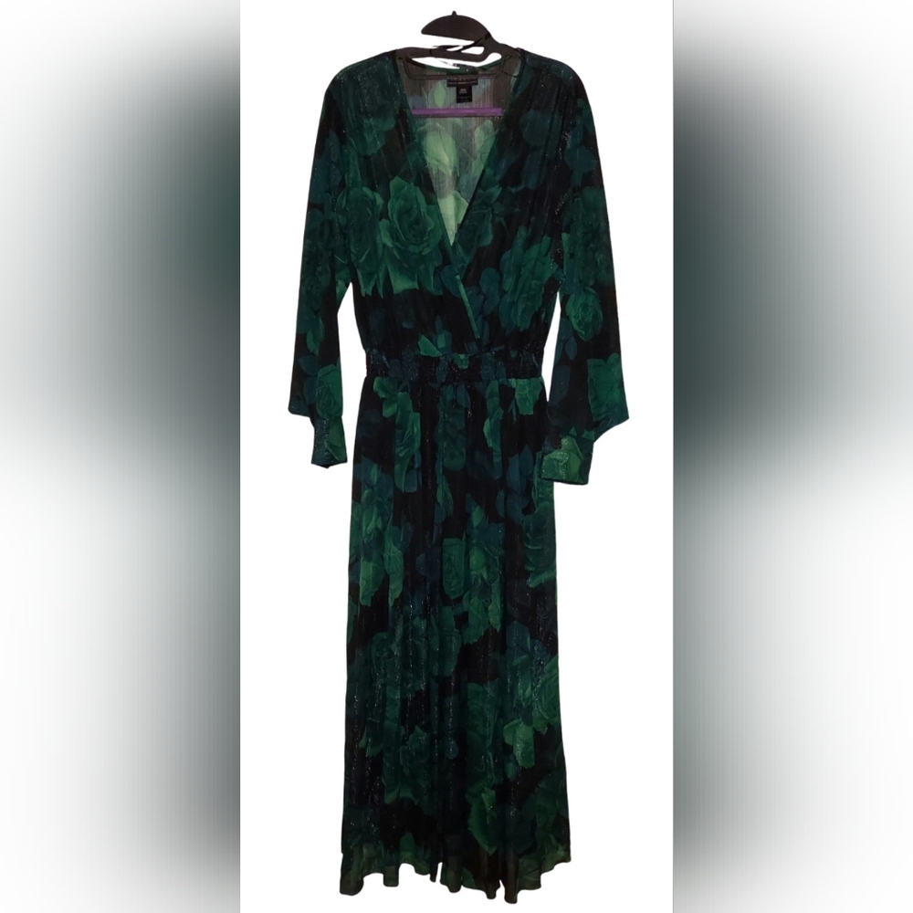 Full Length Long Sleeved Black and Green Rose Dress